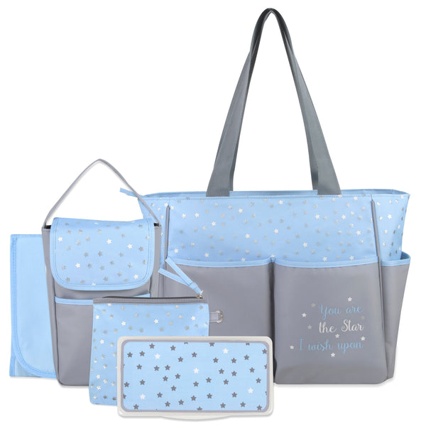 Diaper Bag Tote 5 Piece Set with Sun, Moon, and Stars, Wipes Pocket, Dirty Diaper Pouch, Changing Pad - Grey/Blue - 