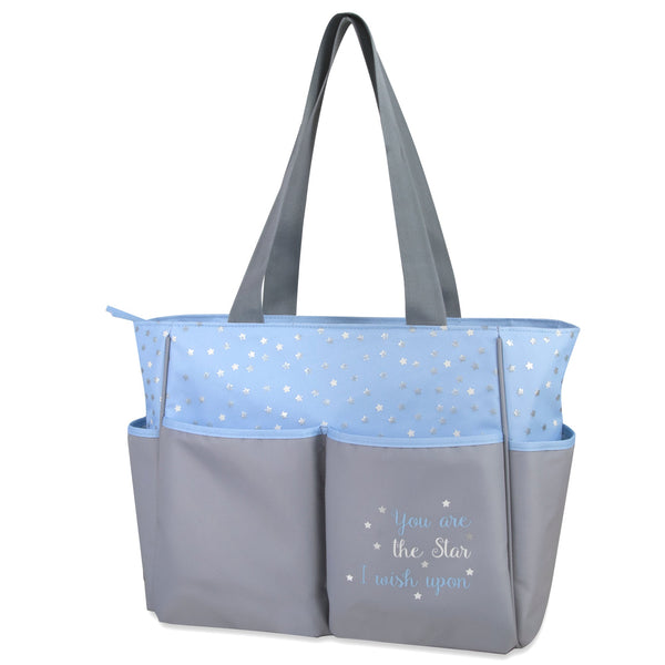 Diaper Bag Tote 5 Piece Set with Sun, Moon, and Stars, Wipes Pocket, Dirty Diaper Pouch, Changing Pad - Grey/Blue - 