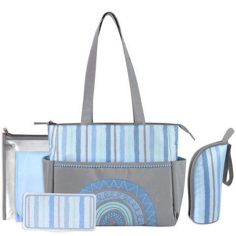 Baby Essentials Diaper Bag Tote 5 Piece Set Blue Rainbow Themed - BagsInBulk.com