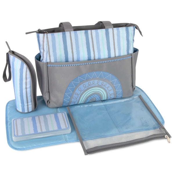 Baby Essentials Diaper Bag Tote 5 Piece Set Blue Rainbow Themed - BagsInBulk.com