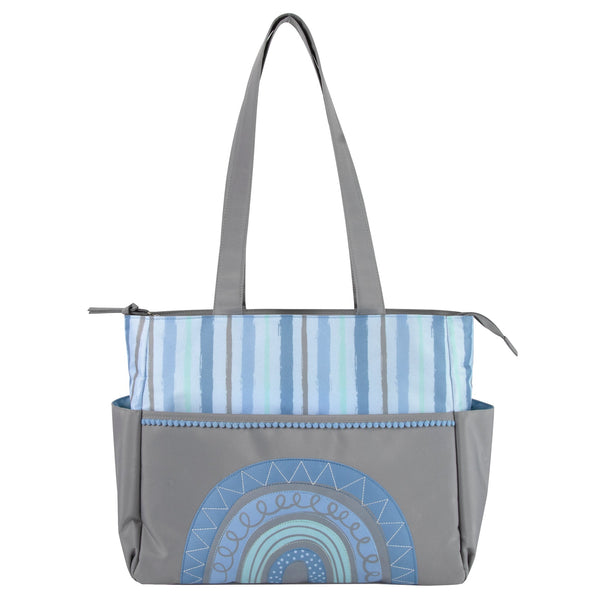 Baby Essentials Diaper Bag Tote 5 Piece Set Blue Rainbow Themed - BagsInBulk.com