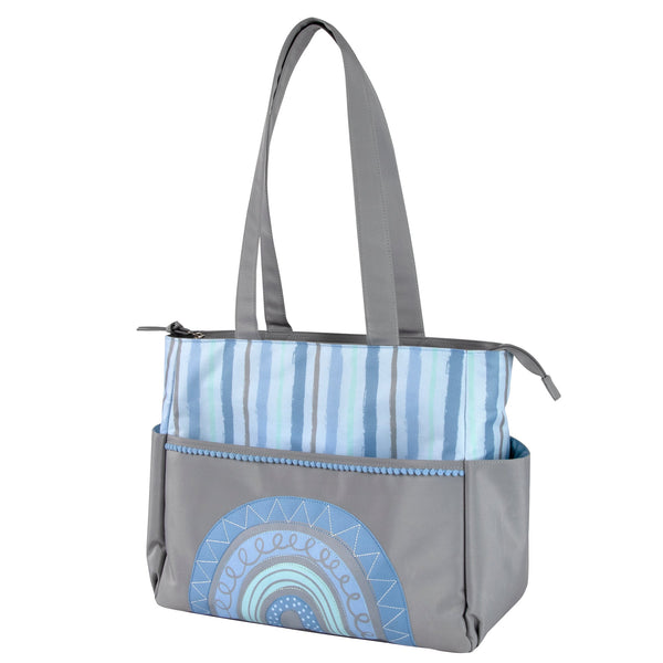 Baby Essentials Diaper Bag Tote 5 Piece Set Blue Rainbow Themed - BagsInBulk.com