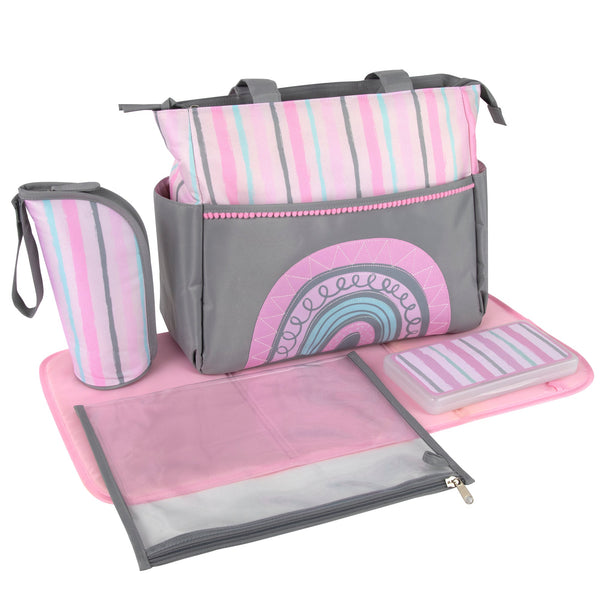 Baby Essentials Diaper Bag Tote 5 Piece Set Pink Rainbow Themed - BagsInBulk.com