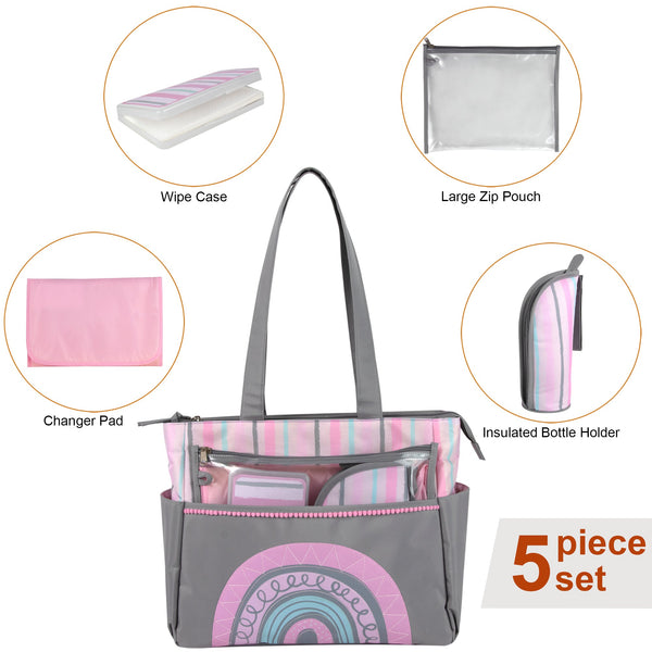 Baby Essentials Diaper Bag Tote 5 Piece Set Pink Rainbow Themed - BagsInBulk.com