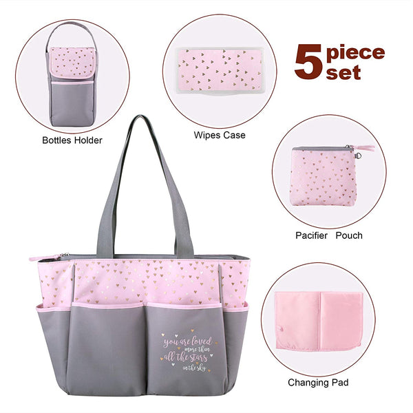 Diaper Bag Tote 5 Piece Set with Sun, Moon, and Stars, Wipes Pocket, Dirty Diaper Pouch, Changing Pad - Grey/Pink - 