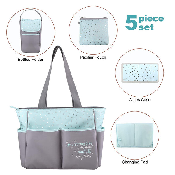 Diaper Bag Tote 5 Piece Set with Sun, Moon, and Stars, Wipes Pocket, Dirty Diaper Pouch, Changing Pad - Grey/Aqua - 