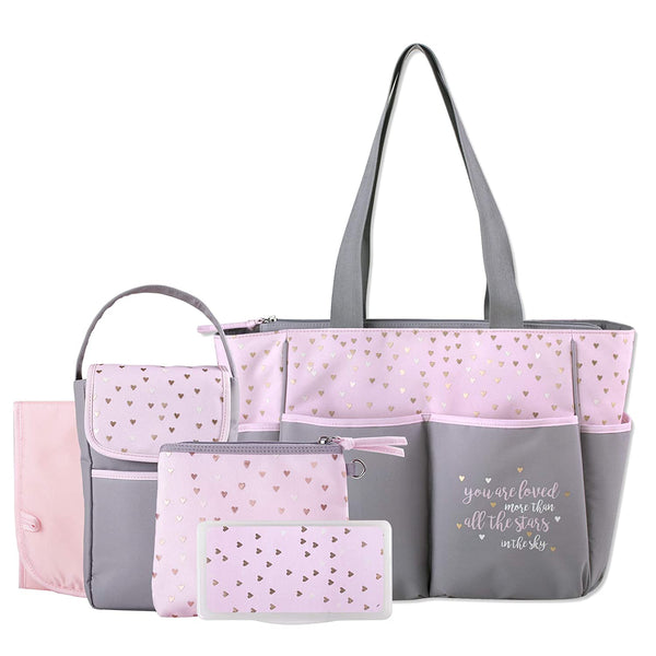 Diaper Bag Tote 5 Piece Set with Sun, Moon, and Stars, Wipes Pocket, Dirty Diaper Pouch, Changing Pad - Grey/Pink - 