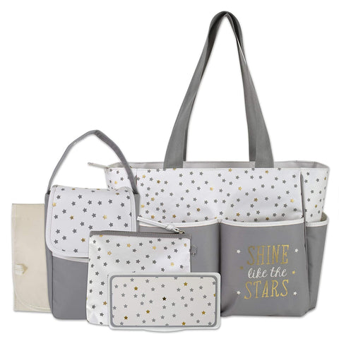 Diaper Bag Tote 5 Piece Set with Sun, Moon, and Stars, Wipes Pocket, Dirty Diaper Pouch, Changing Pad - Grey/Cream - 