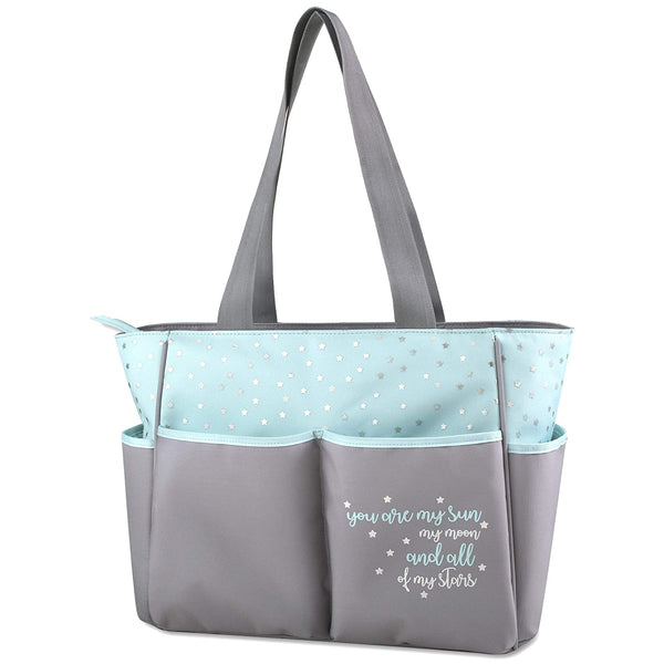 Diaper Bag Tote 5 Piece Set with Sun, Moon, and Stars, Wipes Pocket, Dirty Diaper Pouch, Changing Pad - Grey/Aqua - 