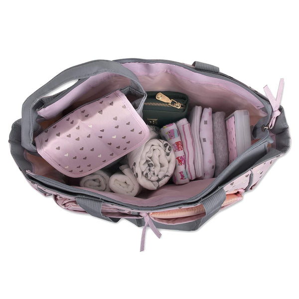 Diaper Bag Tote 5 Piece Set with Sun, Moon, and Stars, Wipes Pocket, Dirty Diaper Pouch, Changing Pad - Grey/Pink - 