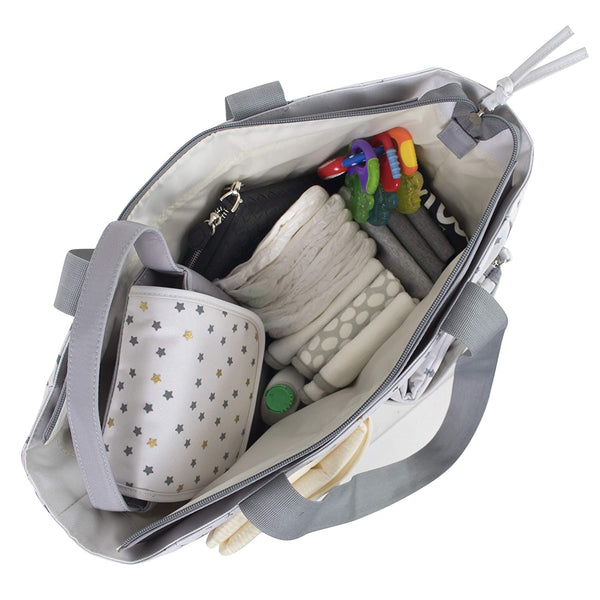 Diaper Bag Tote 5 Piece Set with Sun, Moon, and Stars, Wipes Pocket, Dirty Diaper Pouch, Changing Pad - Grey/Cream - 